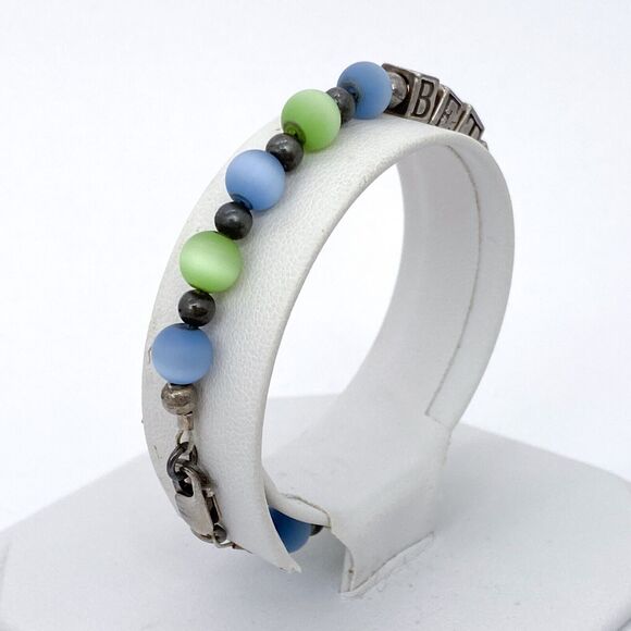 Blue Green Shimmery "Bethany" Beaded Bracelet | Vintage Sterling Silver 925 | 6" - Picture 3 of 13